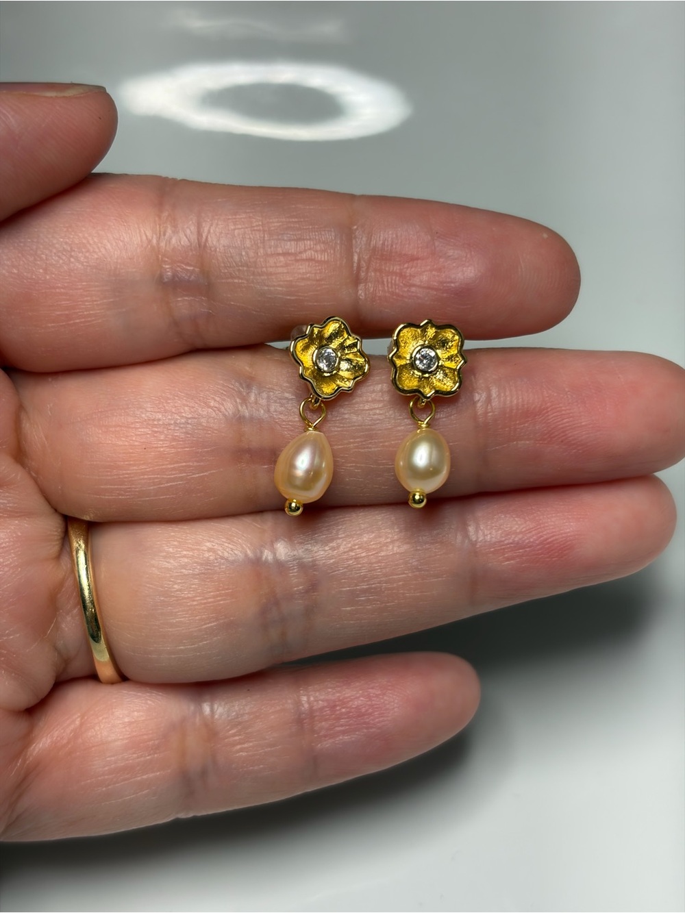 Gold Floral Pearl Drop Earrings - 925
